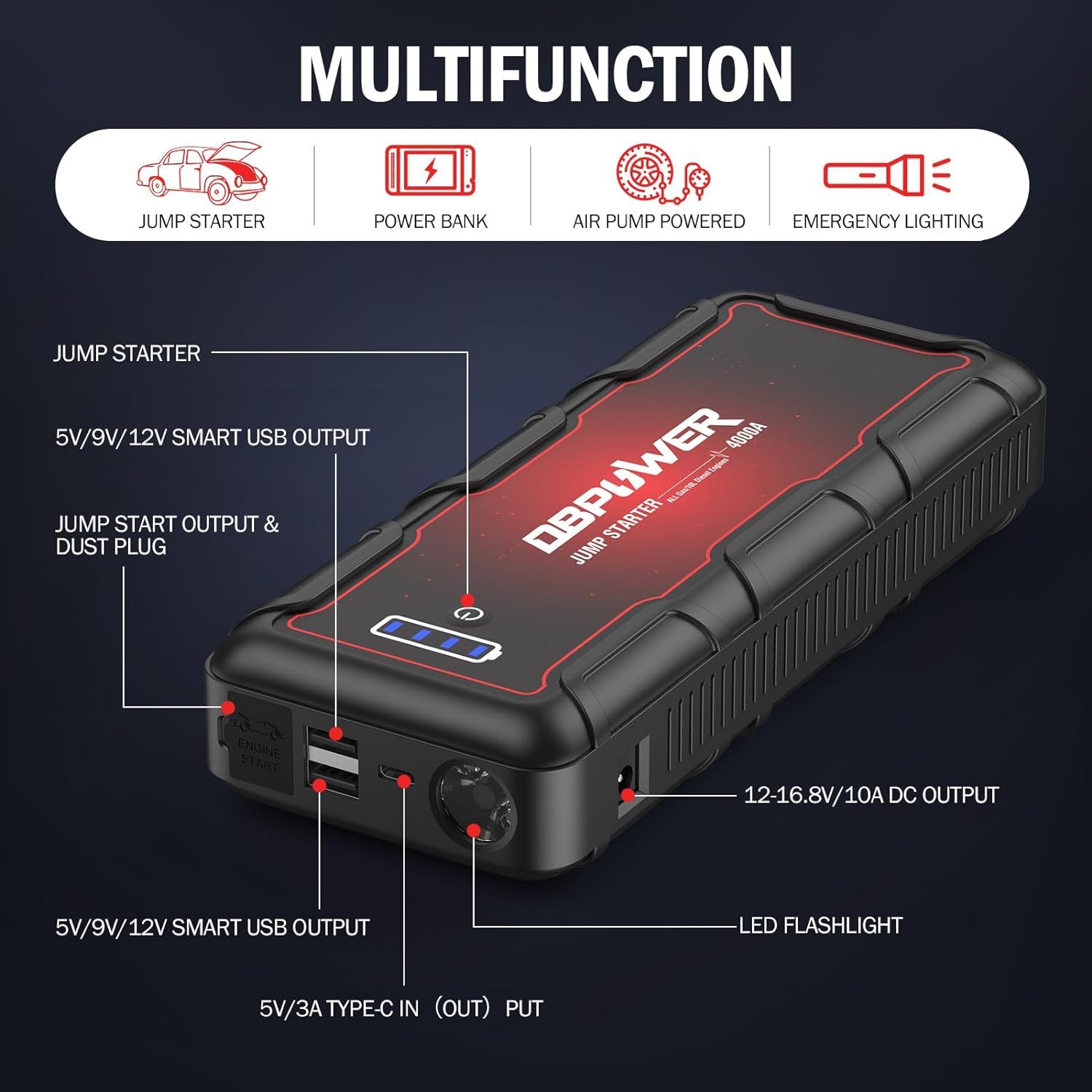 DBPOWER Jump Starter 4000A Peak 88.8Wh Portable Car Jump Starter (Up to ALL Gas/10L Diesel Engine) 12V Auto Battery Booster Pack with Smart Clamp Cables, Quick Charger, LED Light Jump Box - Image 5
