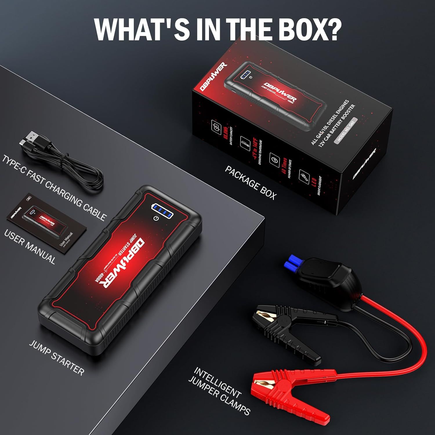 DBPOWER Jump Starter 4000A Peak 88.8Wh Portable Car Jump Starter (Up to ALL Gas/10L Diesel Engine) 12V Auto Battery Booster Pack with Smart Clamp Cables, Quick Charger, LED Light Jump Box - Image 7
