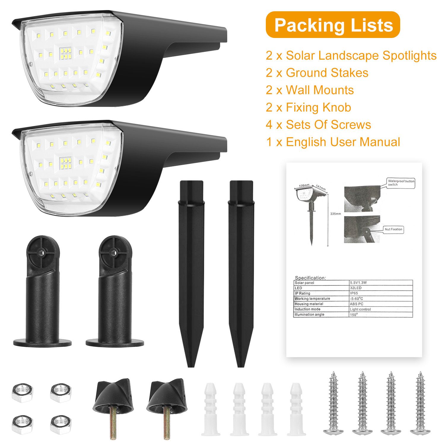 Solarek 32 LEDs Solar Landscape Spotlights IP65 Waterproof Solar Lights Auto On/Off Solar Powered Security Wall Lights - Image 9