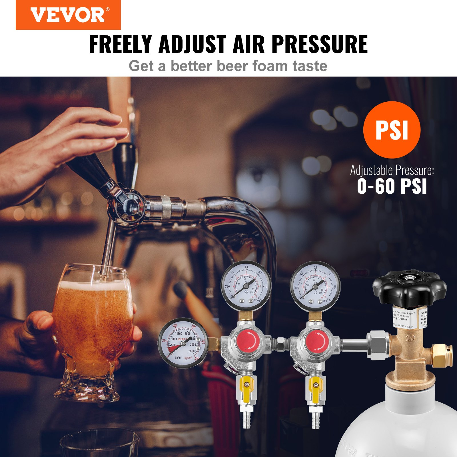 VEVOR Triple Gauge Regulator, CO2 Regulator Gauge with 0-60PSI, Heavy Duty CO2 Gauge Gas System, Draft Beer Regulator with Check Valve, Adjustable Pressure Regulator for Draft Beer Homebrew, CGA320 - Image 2