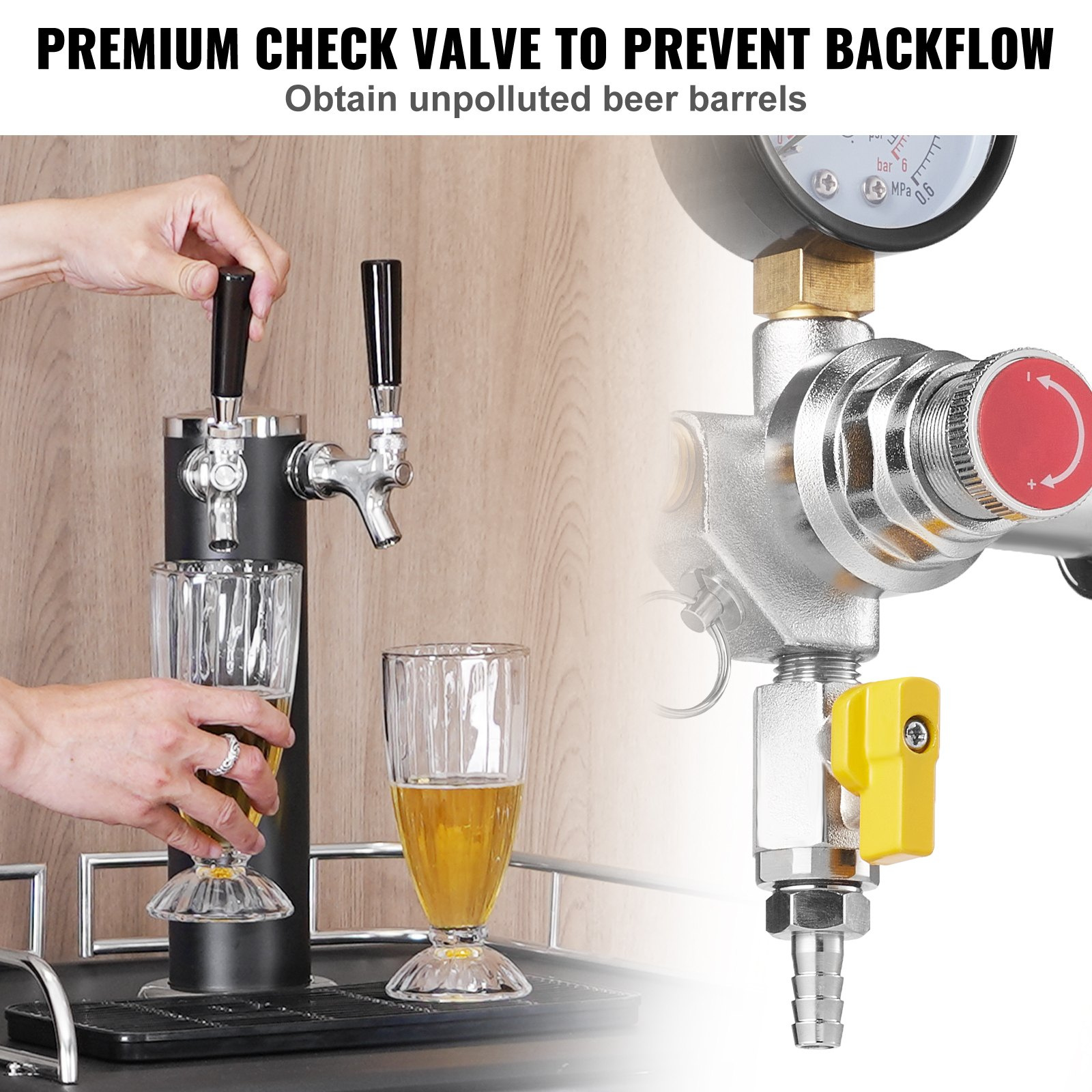 VEVOR Triple Gauge Regulator, CO2 Regulator Gauge with 0-60PSI, Heavy Duty CO2 Gauge Gas System, Draft Beer Regulator with Check Valve, Adjustable Pressure Regulator for Draft Beer Homebrew, CGA320 - Image 6