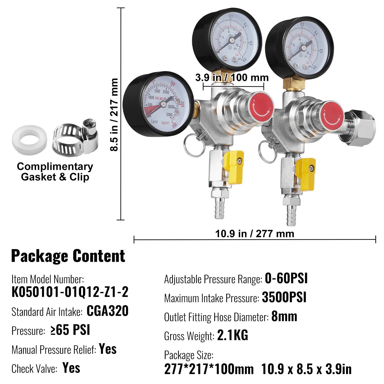 VEVOR Triple Gauge Regulator, CO2 Regulator Gauge with 0-60PSI, Heavy Duty CO2 Gauge Gas System, Draft Beer Regulator with Check Valve, Adjustable Pressure Regulator for Draft Beer Homebrew, CGA320 - Image 7