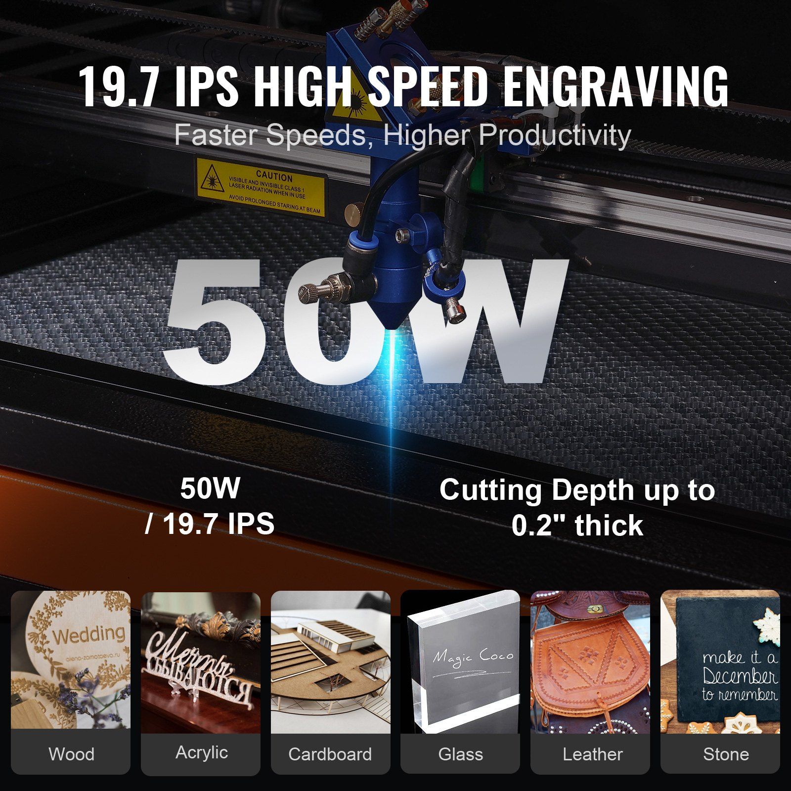 50W CO2 Laser Engraver, 12 x 20 in, 19.7 IPS Laser Cutter Machine with 2-Way Pass Air Assist, Compatible with LightBurn, CorelDRAW, AutoCAD, Windows, Mac OS, Linux, for Wood Acrylic Fabric More - Image 3